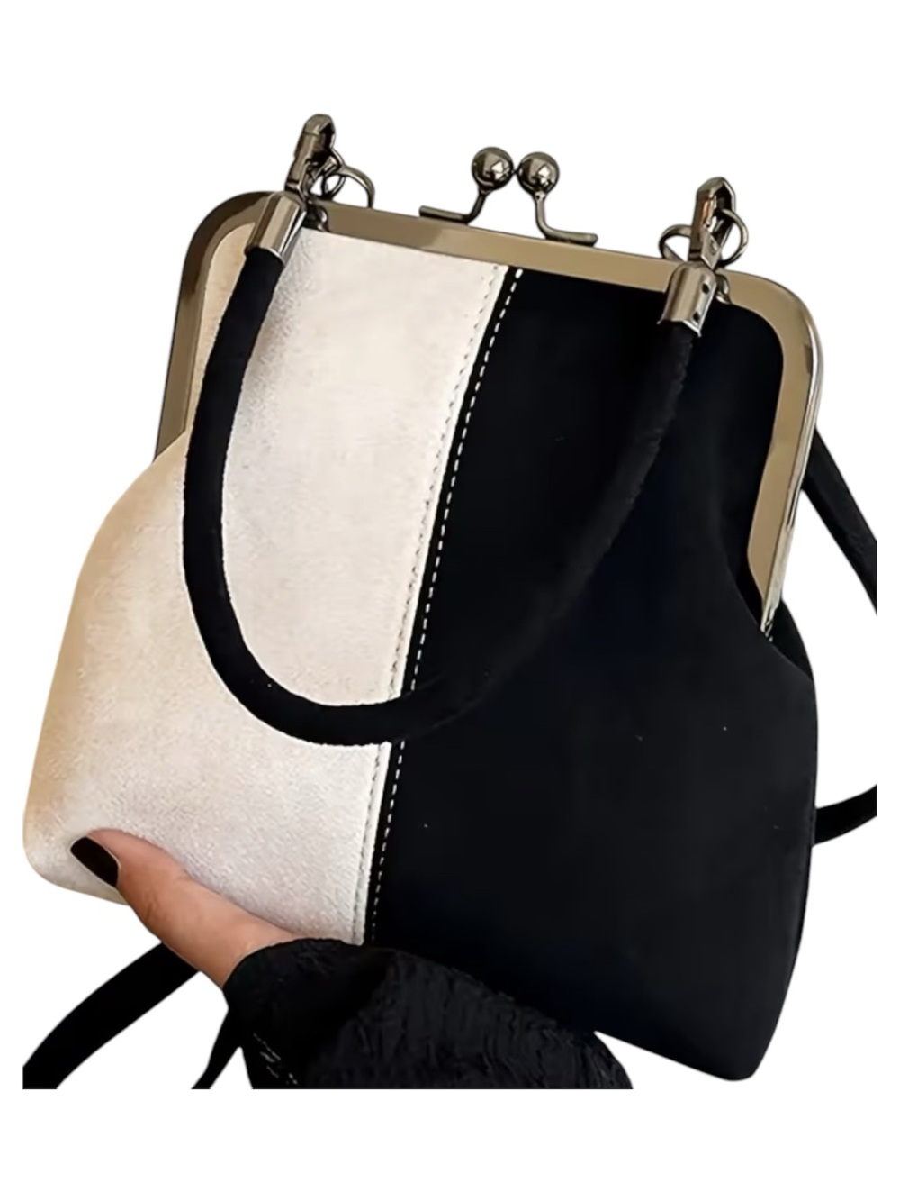 Two-Tone Black and Ivory Frame-Top Shoulder Bag